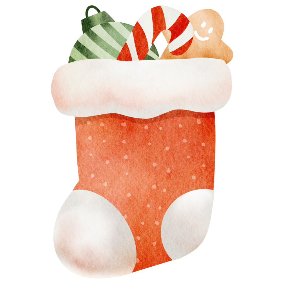 Watercolor Christmas stocking with gifts png