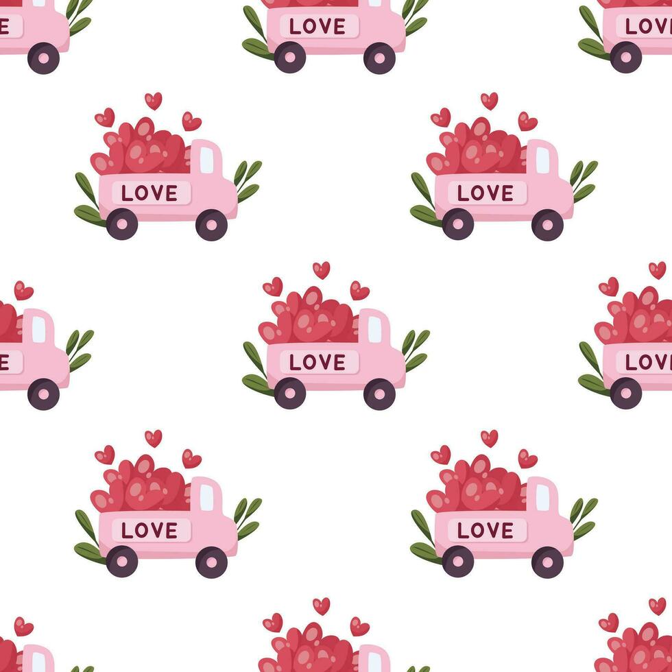 Seamless pattern with car and hearts for Valentines Day and wedding vector