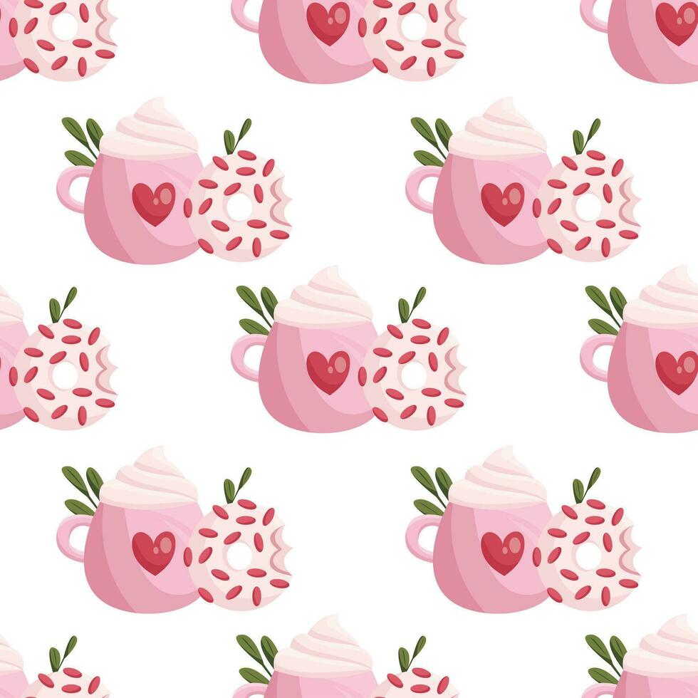 Seamless pattern with cups and donut for Valentines Day and wedding vector