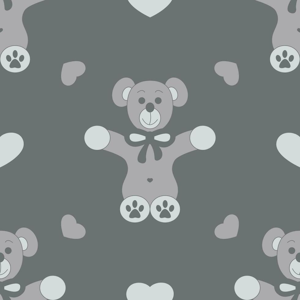 Seamless pattern. Cute bear and little hearts. Color grey. vector