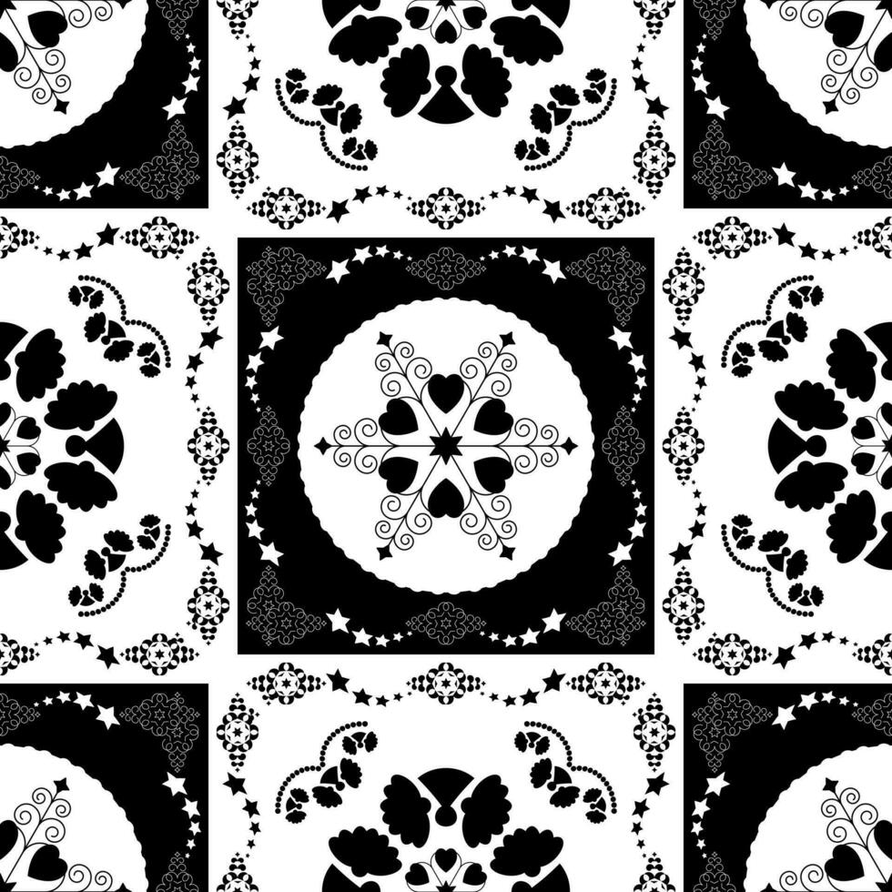 Seamless pattern. Christmas theme. Pretty mandalas with angels and hearts. Black and white. vector