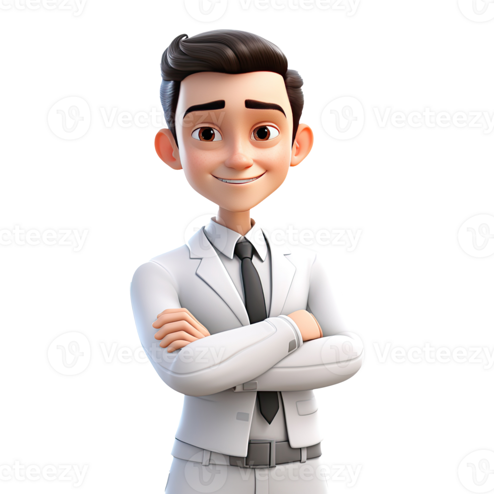 AI generated 3D cartoon man in white suit. Businessman character on transparent background png