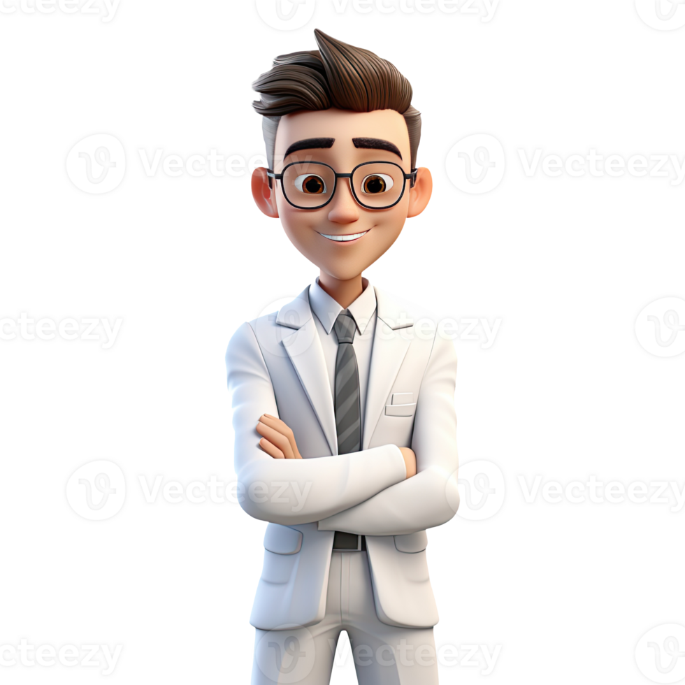 AI generated 3D cartoon man in white suit. Businessman character on transparent background png