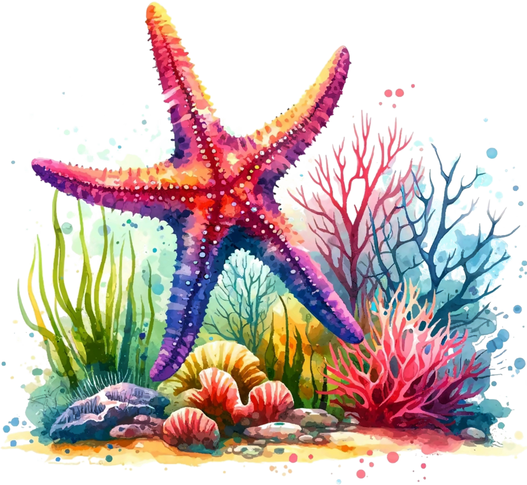 AI generated Starfish Watercolor illustration Clipart PNG. You will be able to create your own poster, t-shirts, cards, stickers, mugs, pillows, scrapbooks, artwork, and more Commercial use, png