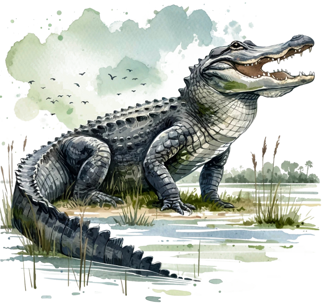 AI generated American alligator Watercolor illustration Clipart PNG. You will be able to create your own poster, t-shirts, cards, stickers, mugs, pillows, scrapbooks, artwork, and more Commercial use, png