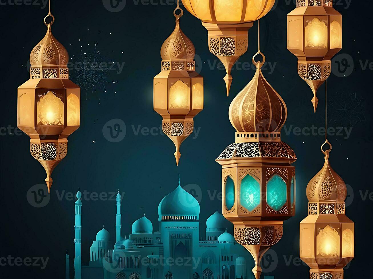 AI generated illustration of amazing architecture design of muslim mosque arabic lantern of ramadan celebration. ai generated photo
