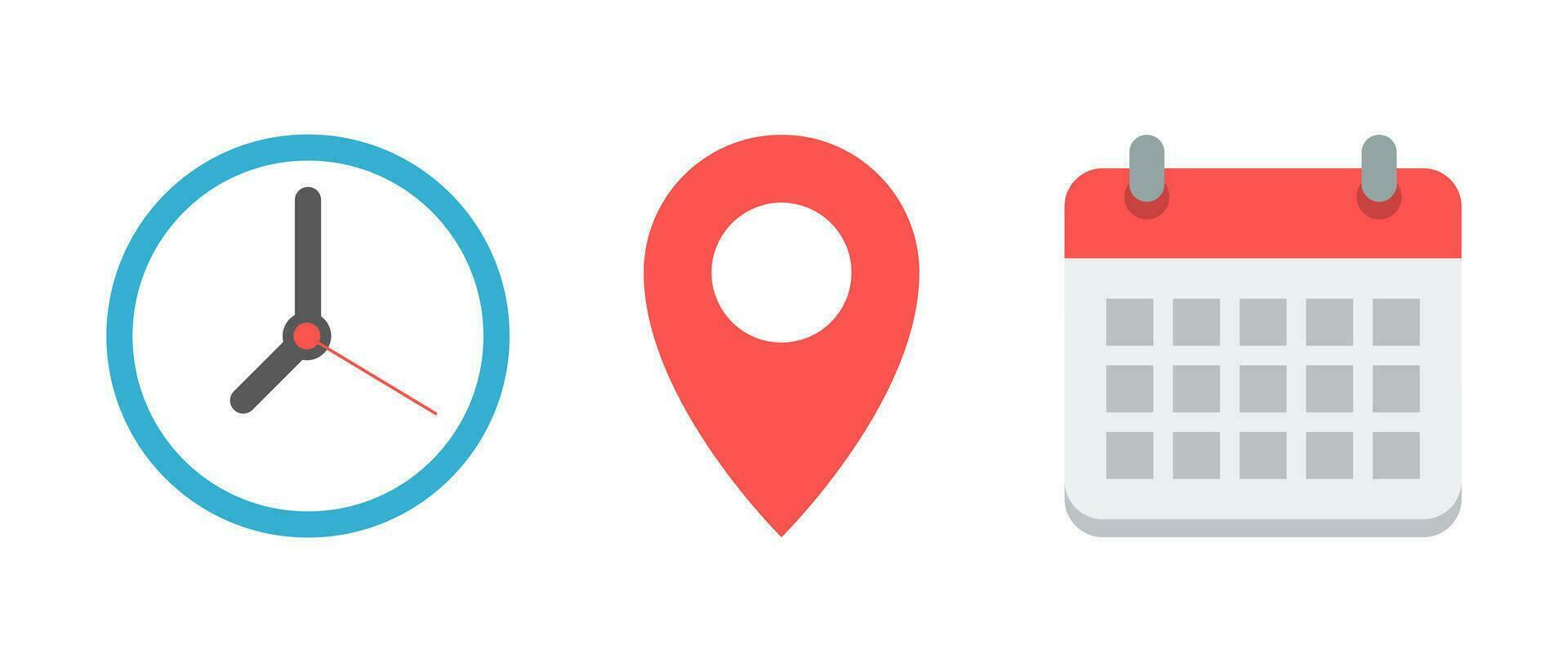 Time, address, and date icon in flat design. Clock, map pin location, and calendar symbol vector