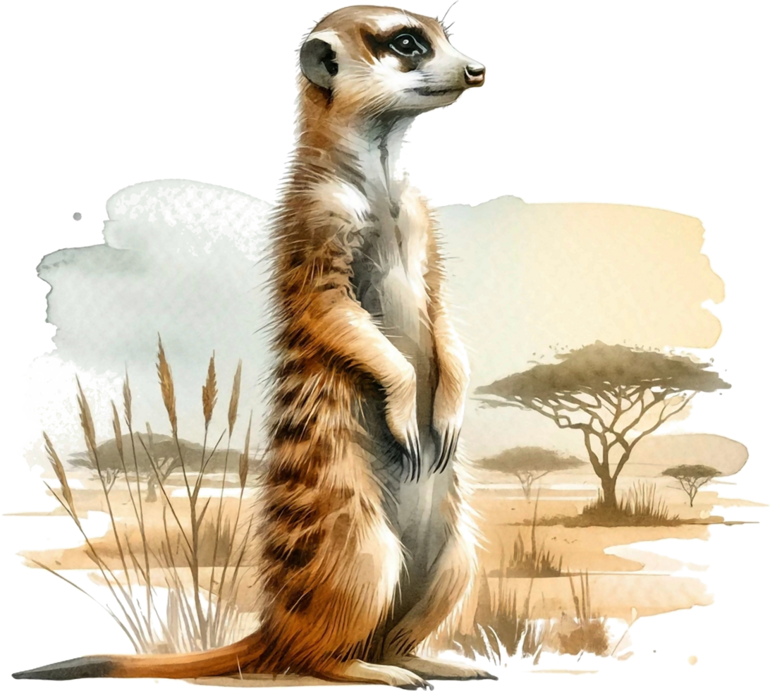 AI generated Meerkat Watercolor illustration Clipart PNG. You will be able to create your own poster, t-shirts, cards, stickers, mugs, pillows, scrapbooks, artwork, and more Commercial use, png