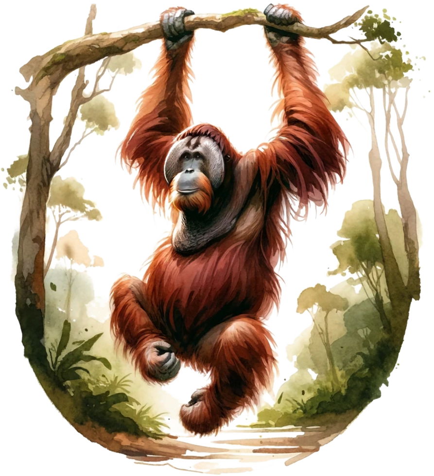 AI generated Orangutans Watercolor illustration Clipart PNG. You will be able to create your own poster, t-shirts, cards, stickers, mugs, pillows, scrapbooks, artwork, and more Commercial use, png