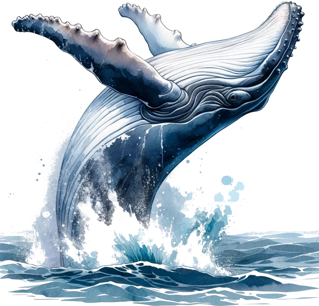 AI generated Humpback whale Watercolor illustration Clipart PNG. You will be able to create your own poster, t-shirts, cards, stickers, mugs, pillows, scrapbooks, artwork, and more Commercial use, png