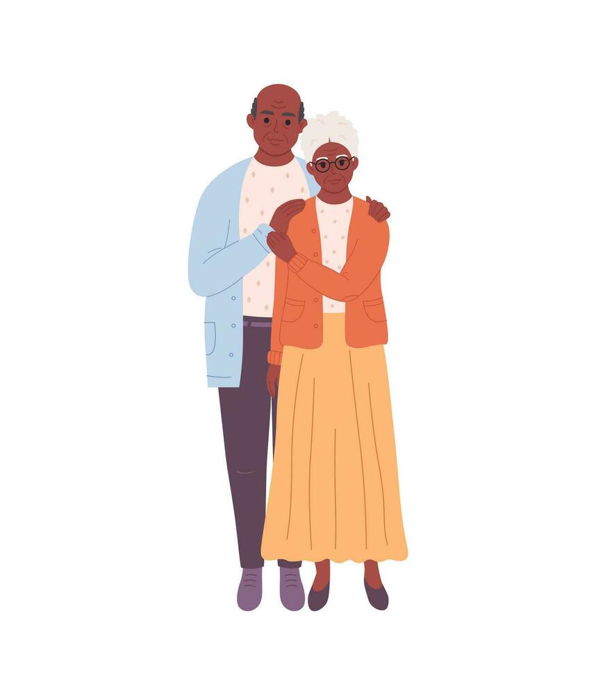 Elderly marriage couple hugging. Smiling grandpa and granny. Vector illustration in flat style