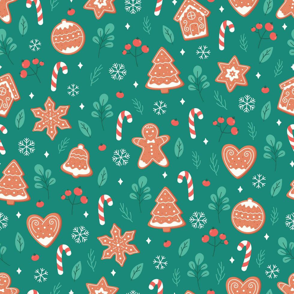 Christmas seamless pattern with ginger cookies, candy cane, snowflakes. Vector illustration in flat style