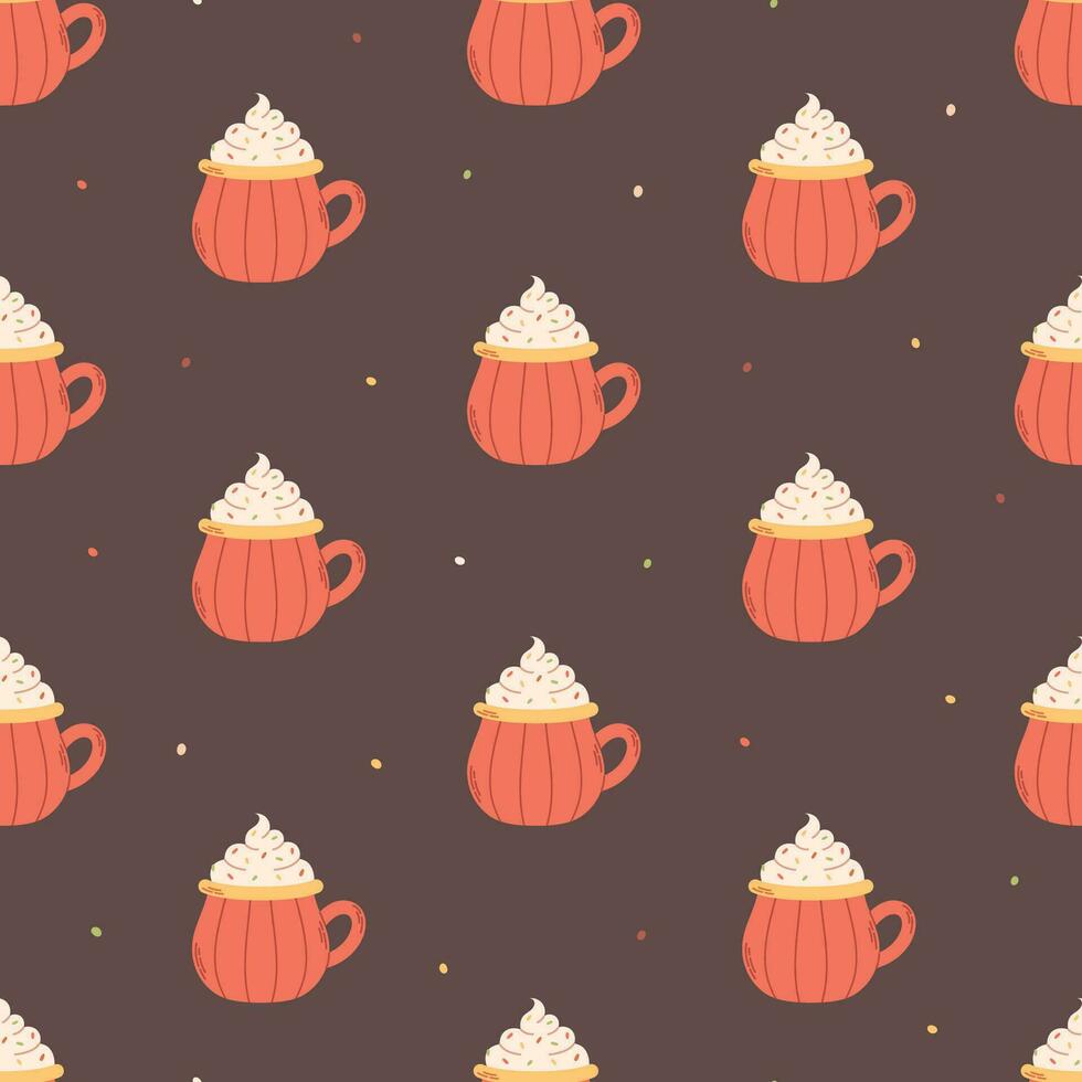 Hot creamy drink in pumpkin mug seamless pattern. Autumn aesthetic. Vector illustration in flat style