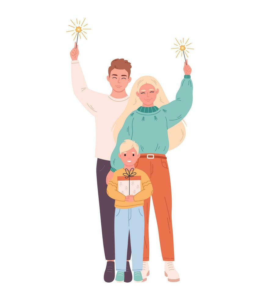 familia con niño celebrando Navidad o nuevo año. vector ilustración en plano estilo