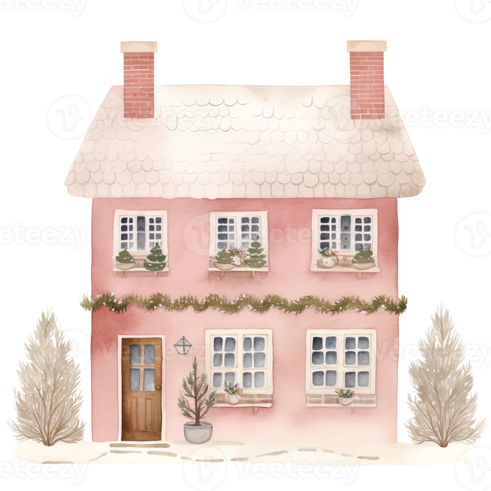 Cozy Christmas Pink House Clipart in Watercolor. Generative Ai 35915006 PNG