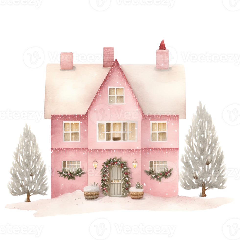 Cozy Christmas Pink House Clipart in Watercolor. Generative Ai 35915015 PNG