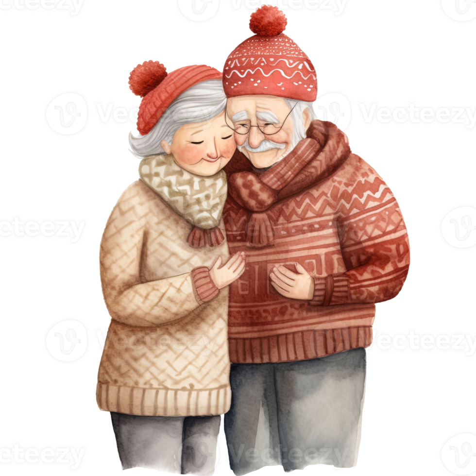 AI generated Cozy Christmas Senior Couple Hugging Watercolor Illustration in Earth Tone Colors, Generative Ai png