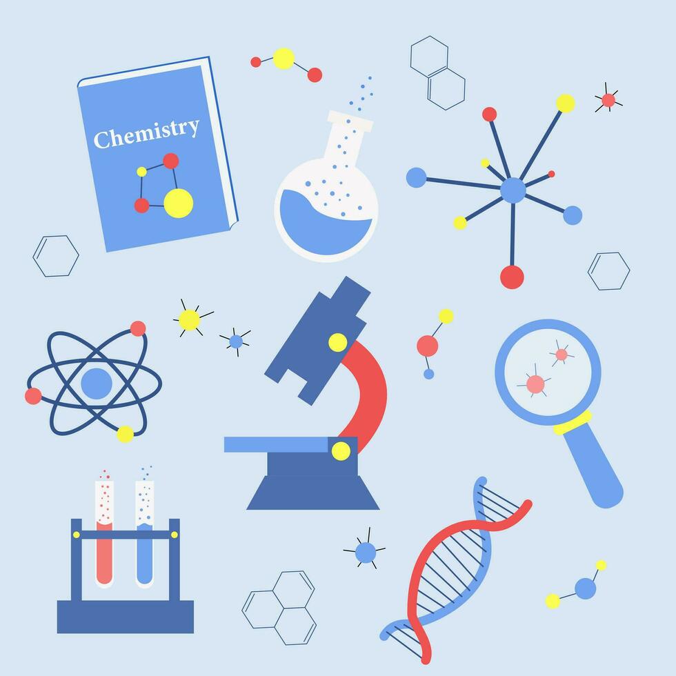 conjunto de pegatinas de química elementos, adn, matraz, microscopio, libro, átomos, moléculas, vector ilustración