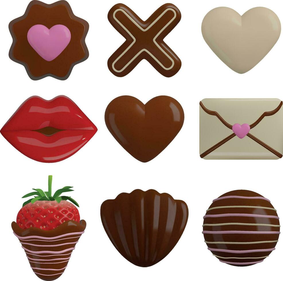 set of valentine's day chocolates. collection of valentine 3d chocolates realistic illustration vector