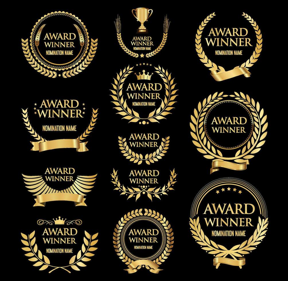 Award Winner emblem collection of gold laurel wreath vector illustration