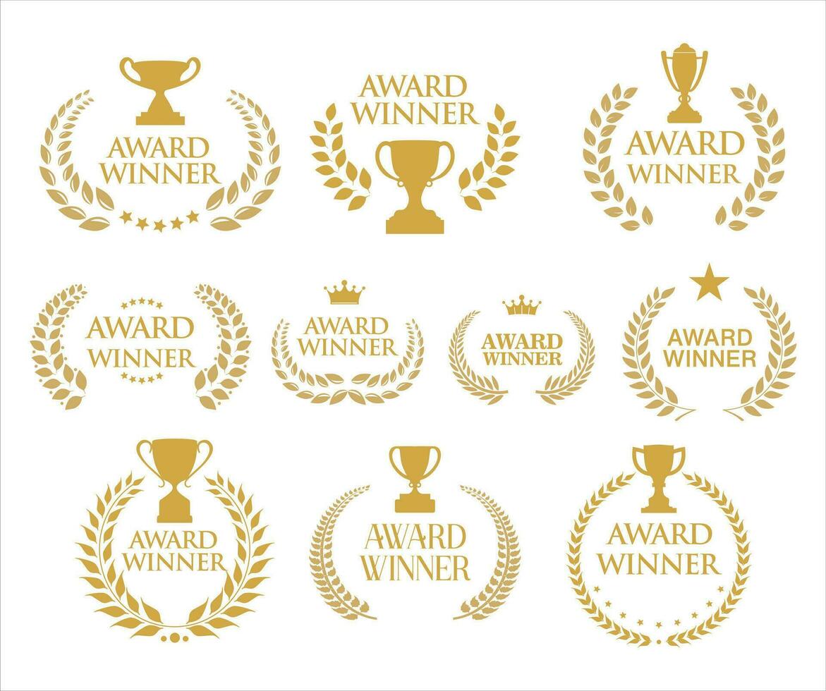 Award Winner emblem collection of gold laurel wreath black text vector