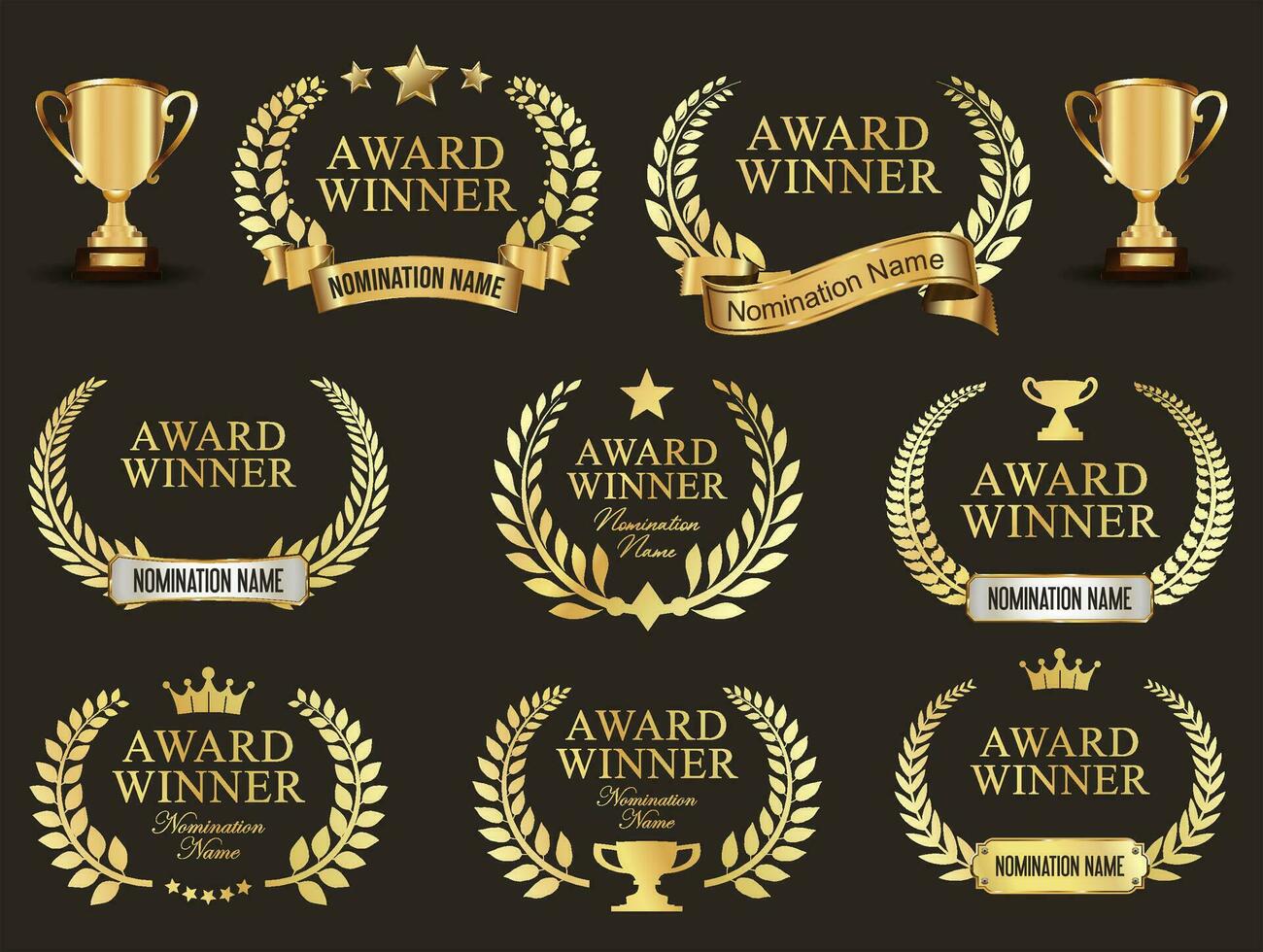 Award Winner emblem collection of gold laurel wreath vector illustration