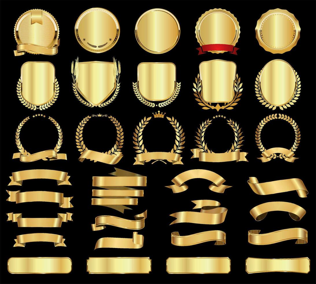 vector medieval escudos de oro coronas de laurel y colección de insignias