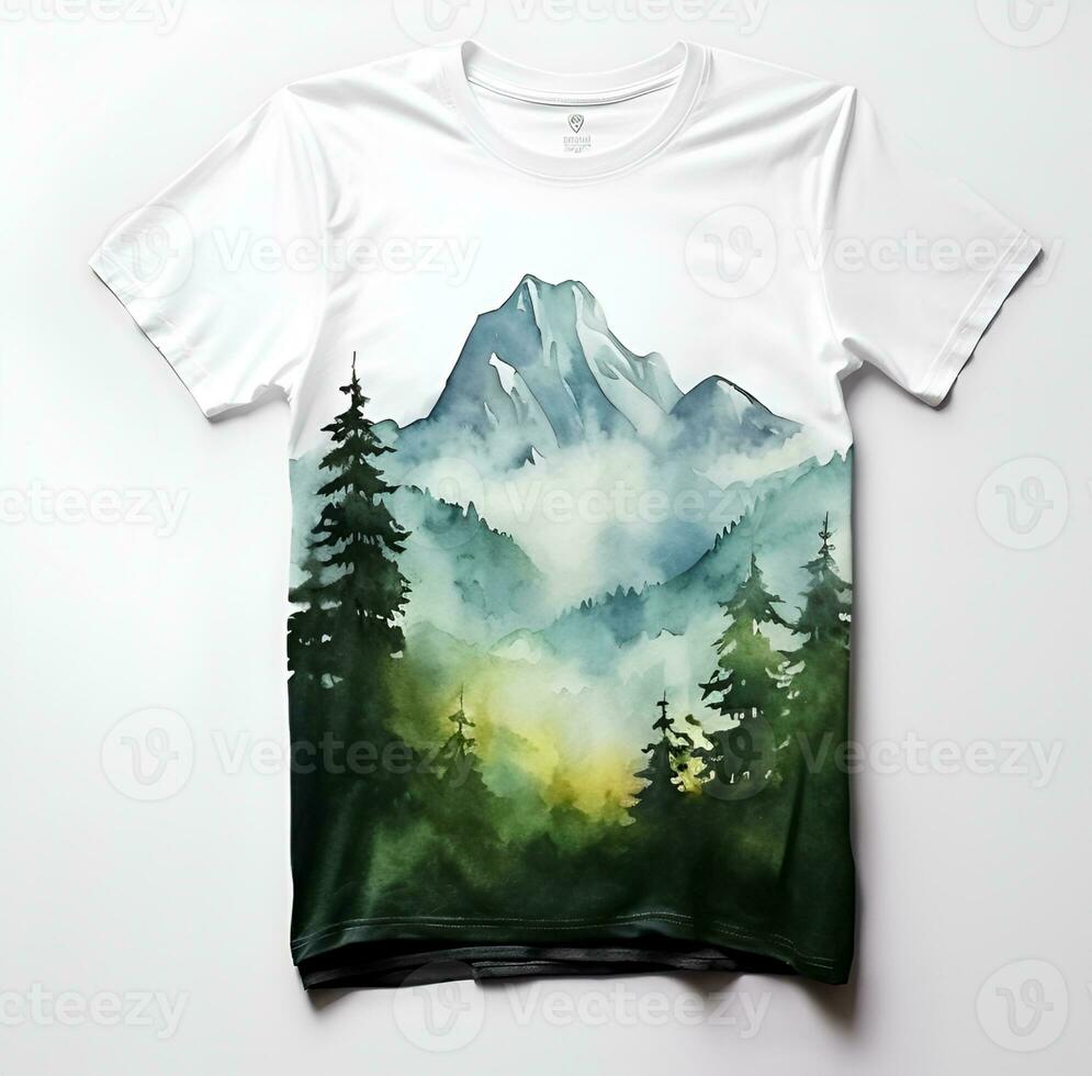 AI generated watercolor painting of trees and mountains photo