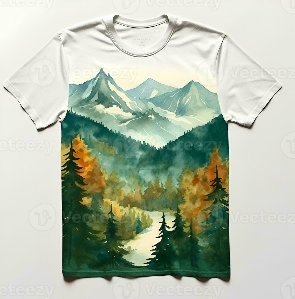 AI generated watercolor painting of trees and mountains photo