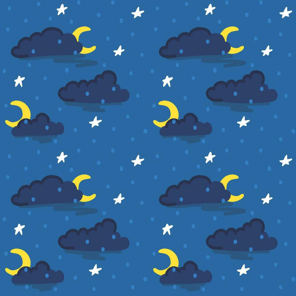 Night seamless pattern with clouds, moon and stars vector