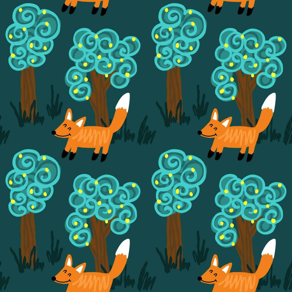 Children's seamless pattern with a fox in a fabulous forest vector