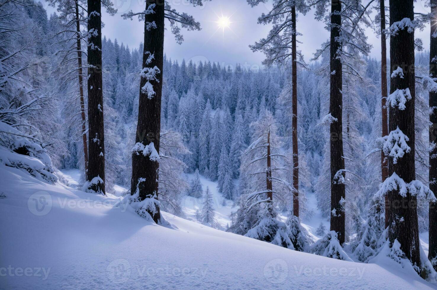 AI generated A serene winter landscape, untouched by human presence, featuring a snow-covered forest illuminated by the soft light of the moon. photo