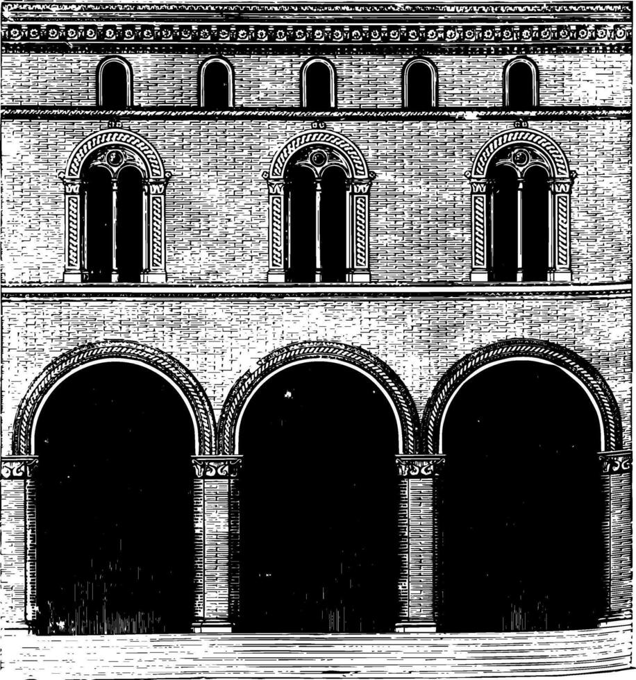 Facade of a Palace at Bologna vintage engraving. vector