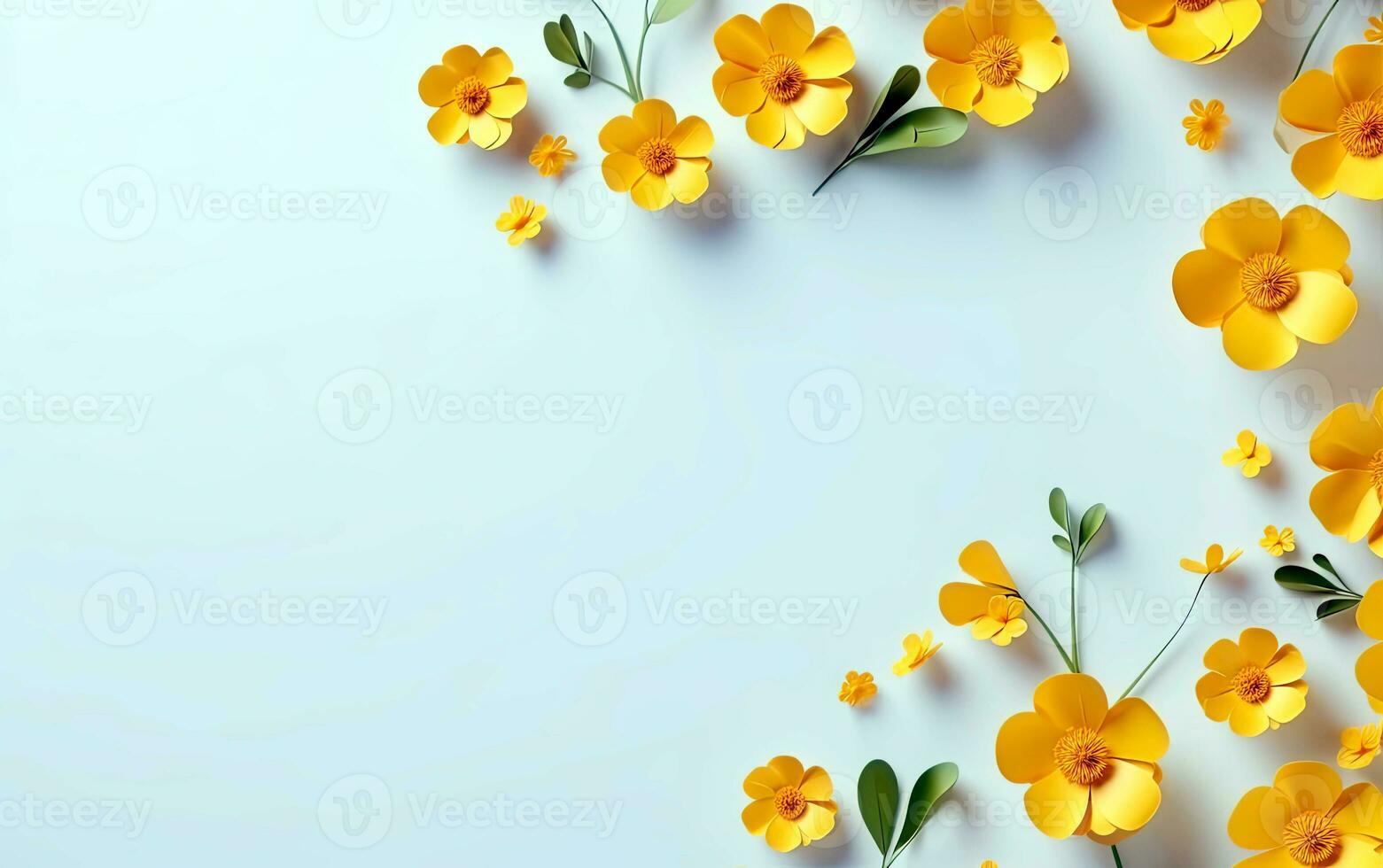 AI generated Header with flowers on blue background. Greeting card template for mothers, womans day. Floral composition with empty space for text. photo