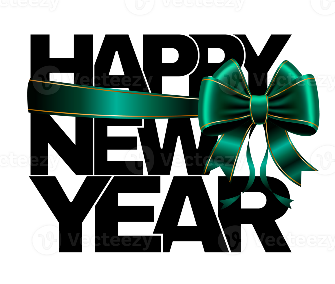 Happy New Year logo with a voluminous green bow png