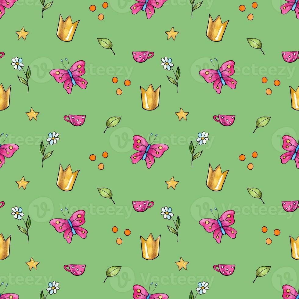 Seamless abstract pattern with crowns, butterflies, flowers and stars. Creative childish pattern. Great for fabric, textile Illustration photo