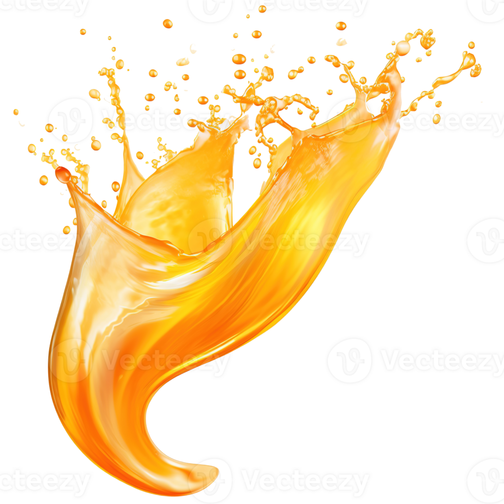 AI generated Dynamic Orange Juice Splash on Transparent Background, Fresh Citrus Liquid Wave with Vibrant Swirls and Droplets, Ideal for Beverage Ads and Health Campaigns. png