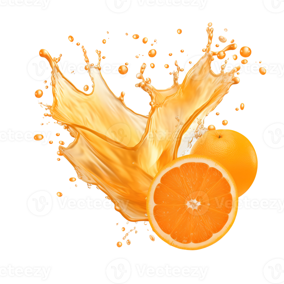 ai generiert dynamisch Orange Saft Spritzen auf transparent Hintergrund, frisch Zitrusfrüchte Flüssigkeit Welle mit beschwingt wirbelt und Tröpfchen, Ideal zum Getränk Anzeigen und Gesundheit Kampagnen. png