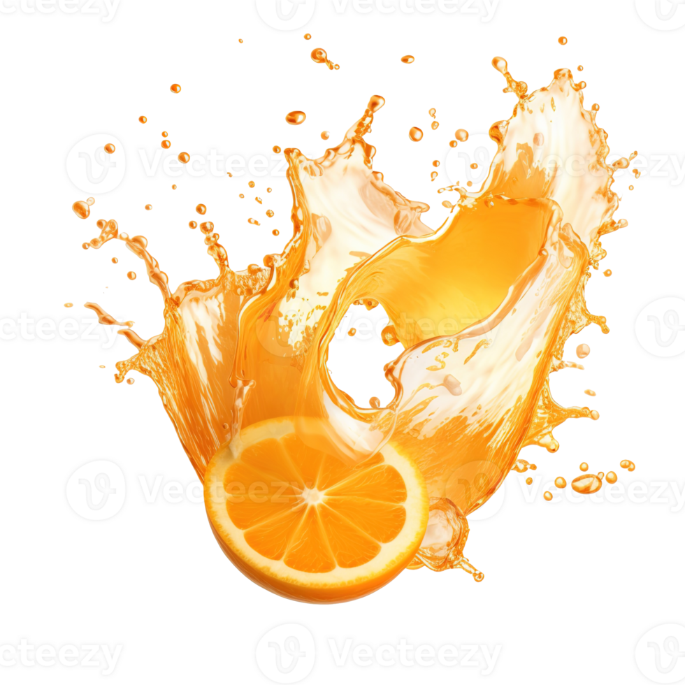 AI generated Dynamic Orange Juice Splash on Transparent Background, Fresh Citrus Liquid Wave with Vibrant Swirls and Droplets, Ideal for Beverage Ads and Health Campaigns. png