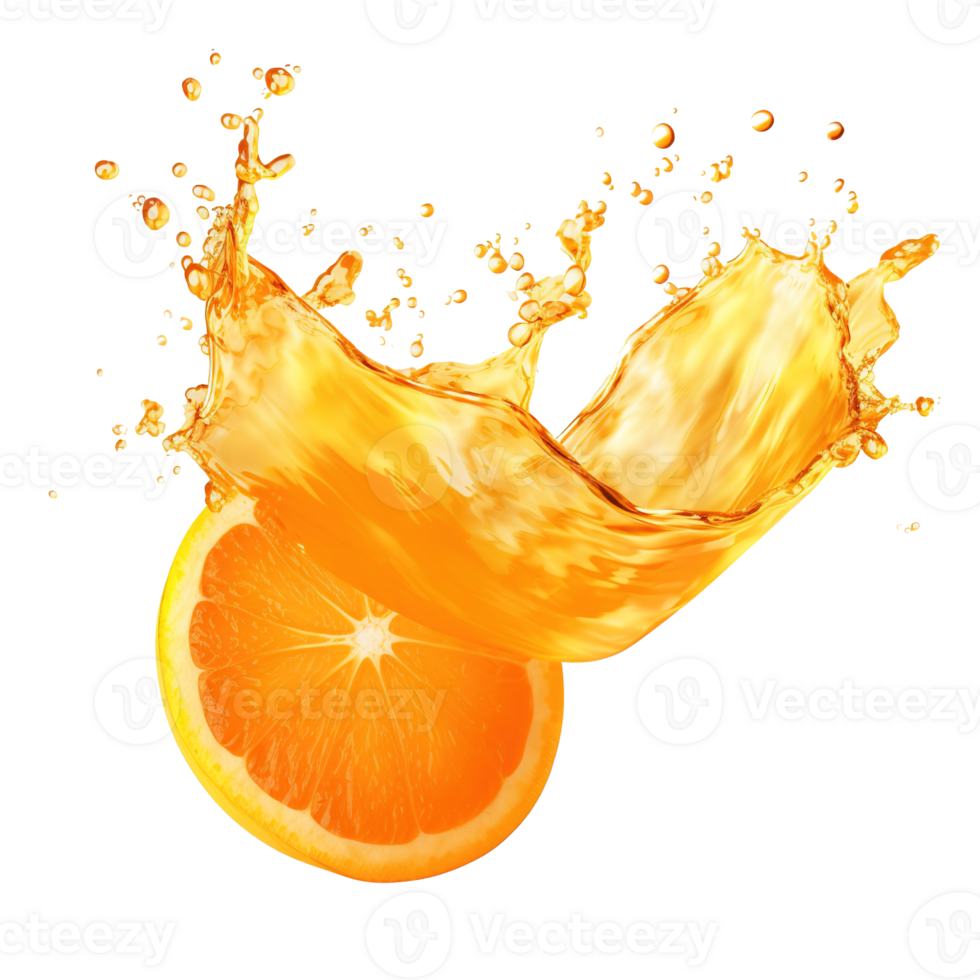ai generiert dynamisch Orange Saft Spritzen auf transparent Hintergrund, frisch Zitrusfrüchte Flüssigkeit Welle mit beschwingt wirbelt und Tröpfchen, Ideal zum Getränk Anzeigen und Gesundheit Kampagnen. png