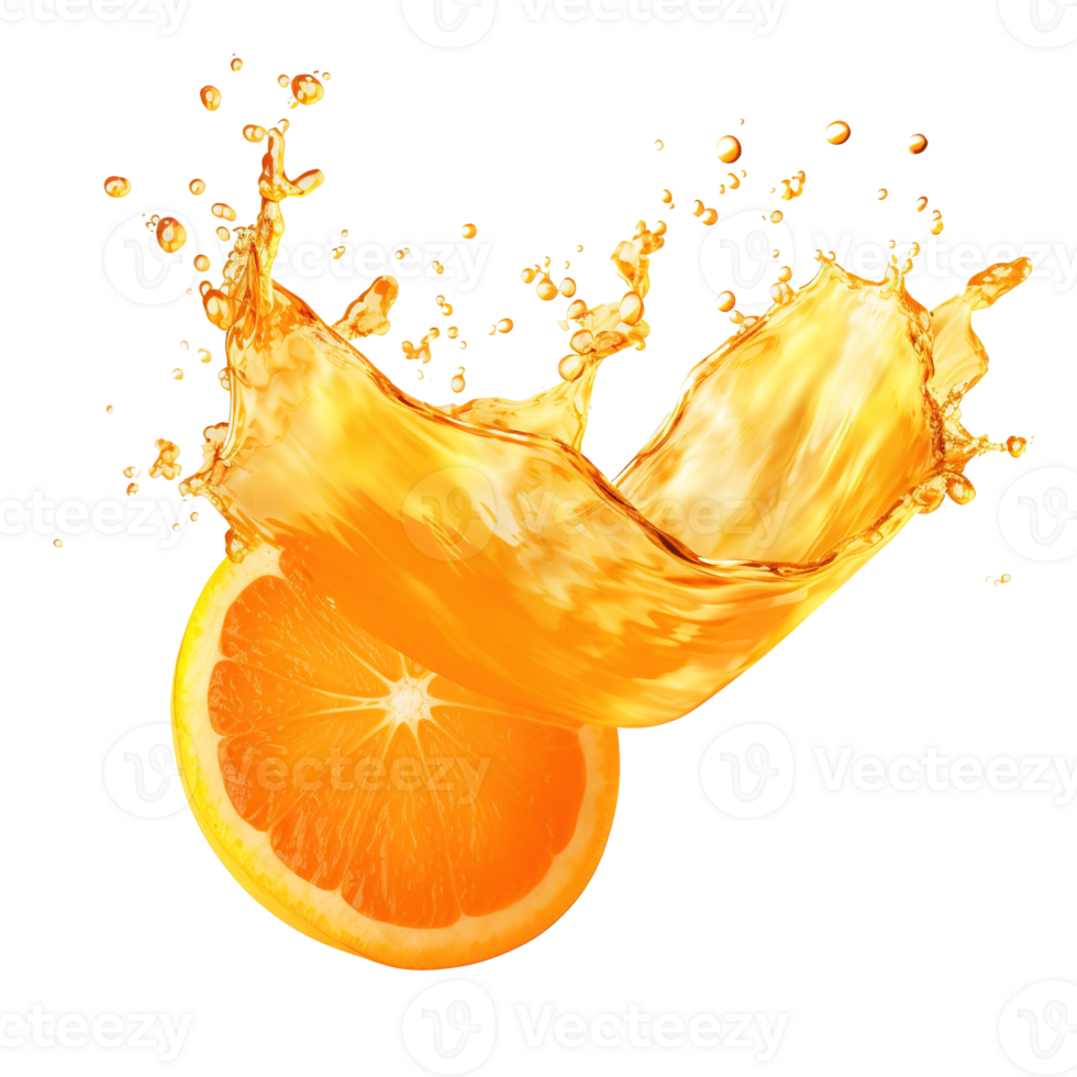 AI generated Dynamic Orange Juice Splash on Transparent Background, Fresh Citrus Liquid Wave with Vibrant Swirls and Droplets, Ideal for Beverage Ads and Health Campaigns. png