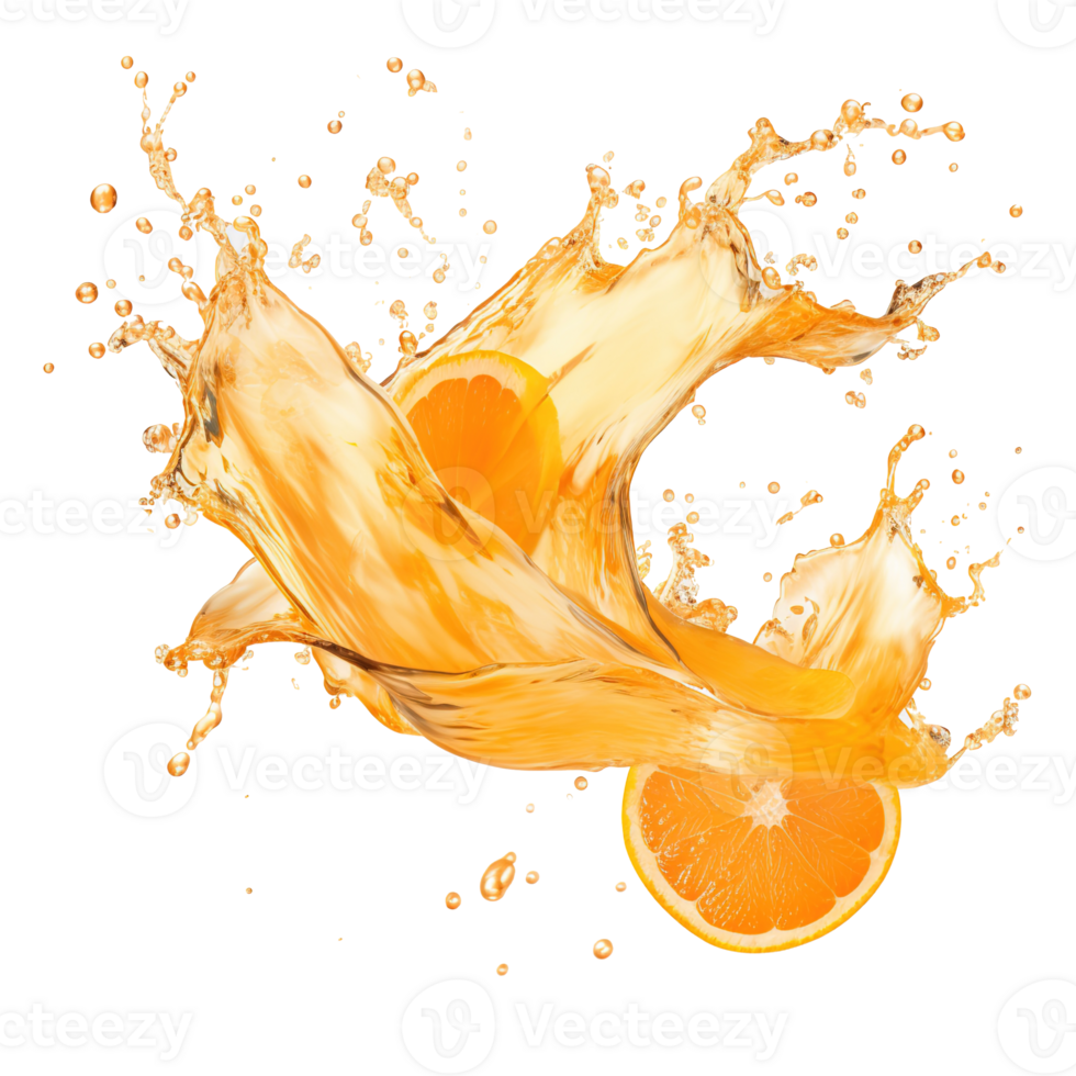 AI generated Dynamic Orange Juice Splash on Transparent Background, Fresh Citrus Liquid Wave with Vibrant Swirls and Droplets, Ideal for Beverage Ads and Health Campaigns. png