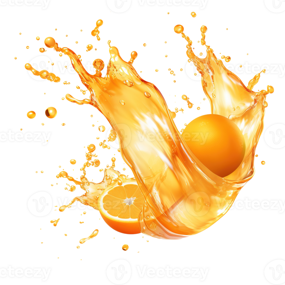 AI generated Dynamic Orange Juice Splash on Transparent Background, Fresh Citrus Liquid Wave with Vibrant Swirls and Droplets, Ideal for Beverage Ads and Health Campaigns. png
