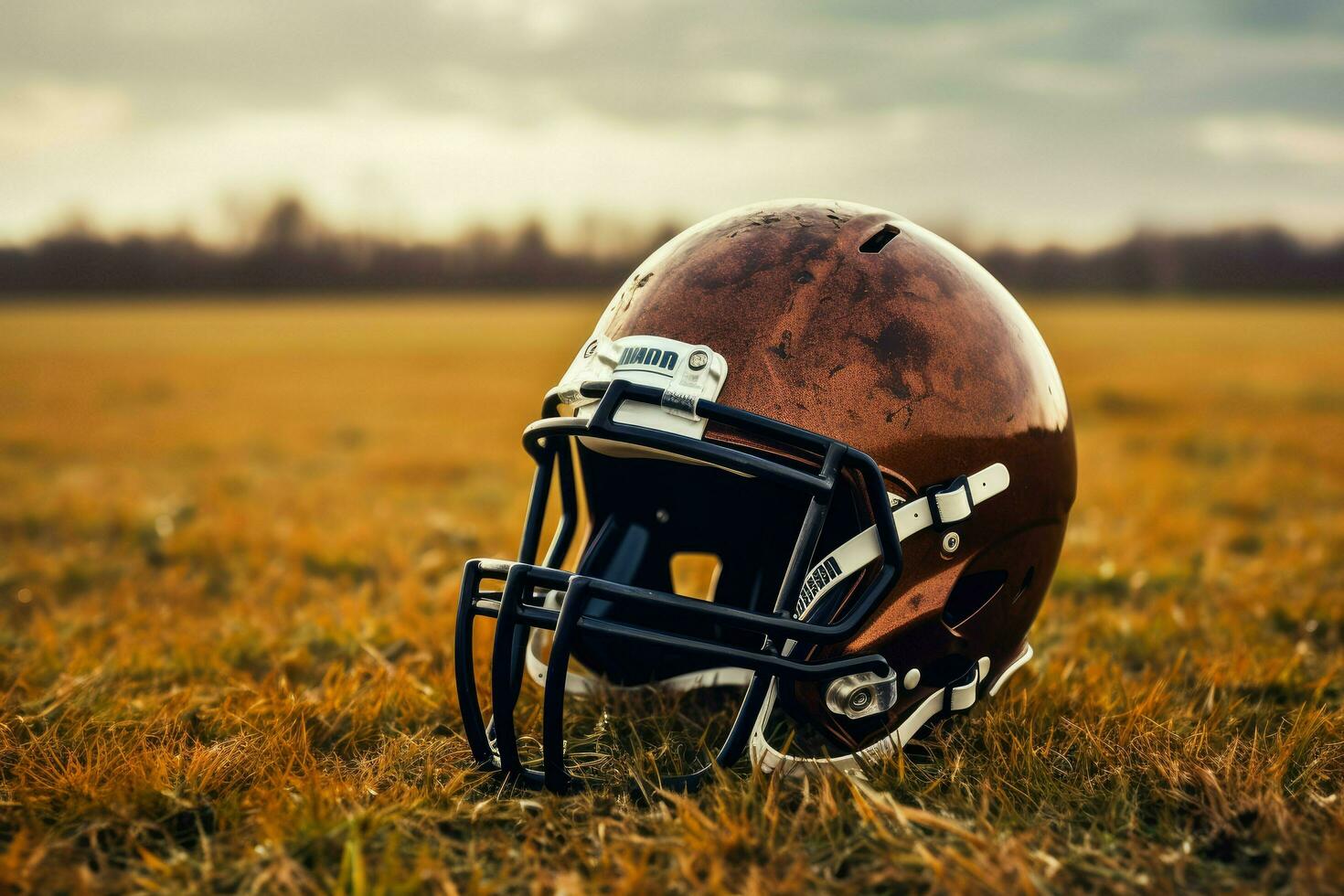 ai generado americano fútbol americano casco en el campo con borroso estadio antecedentes ai generado foto