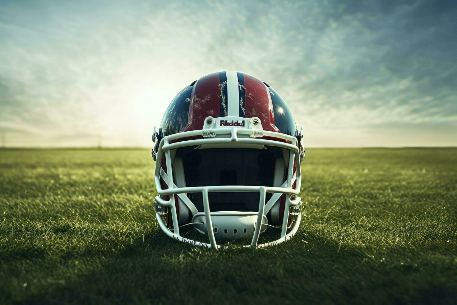 AI generated American football helmet on the field with blurred stadium background AI Generated photo