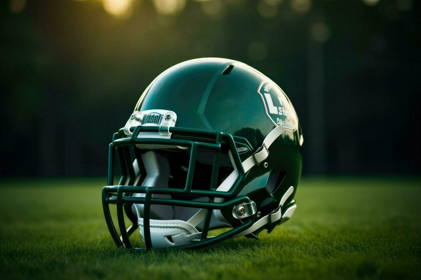 AI generated American football helmet on the field with blurred stadium background AI Generated photo