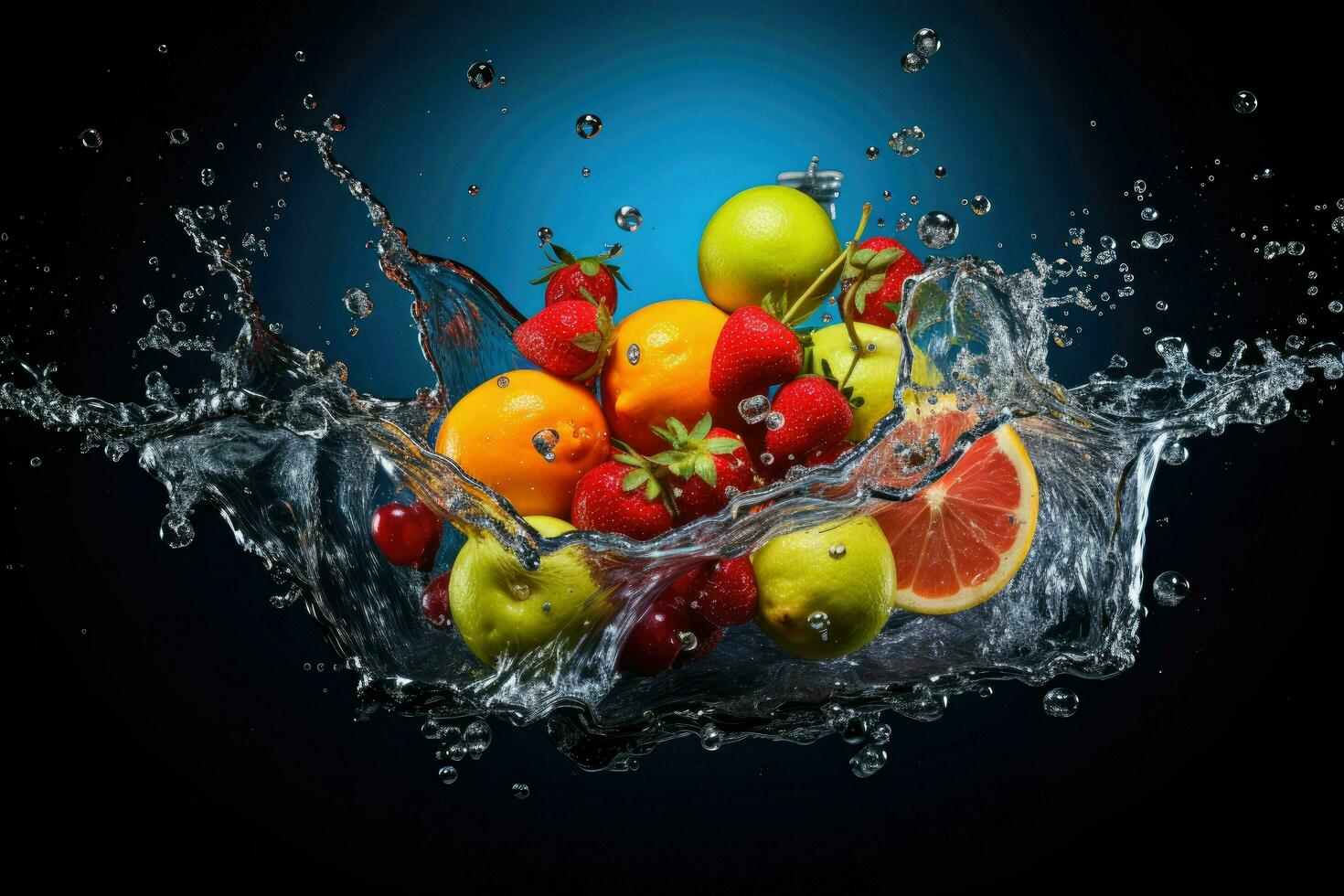 AI generated Fresh fruit splashing into clear water, Fresh fruits into clear water splash background Ai generated photo