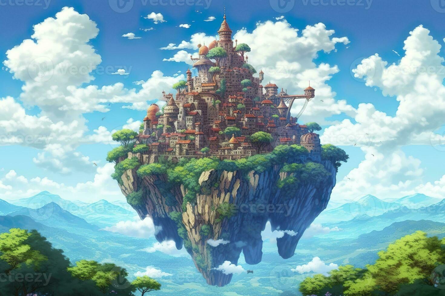 AI generated Ancient Heavenly Floating island in the sky with a castle, vibrant, fantasypunk, AI Generative photo