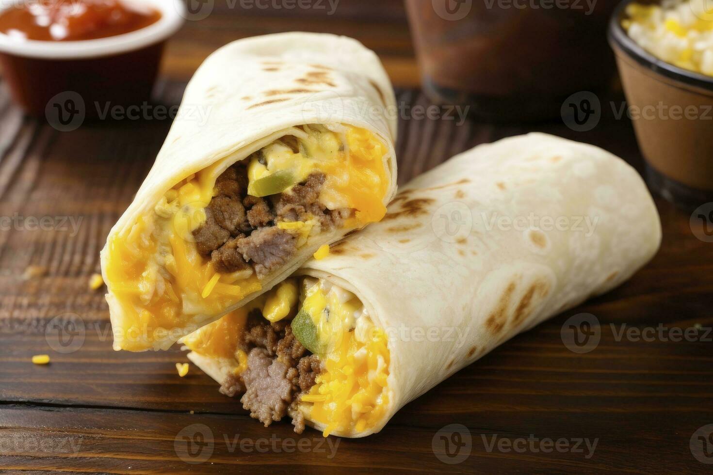 AI generated Breakfast burrito with sausage, eggs, hashbrown and cheese. AI Generated photo