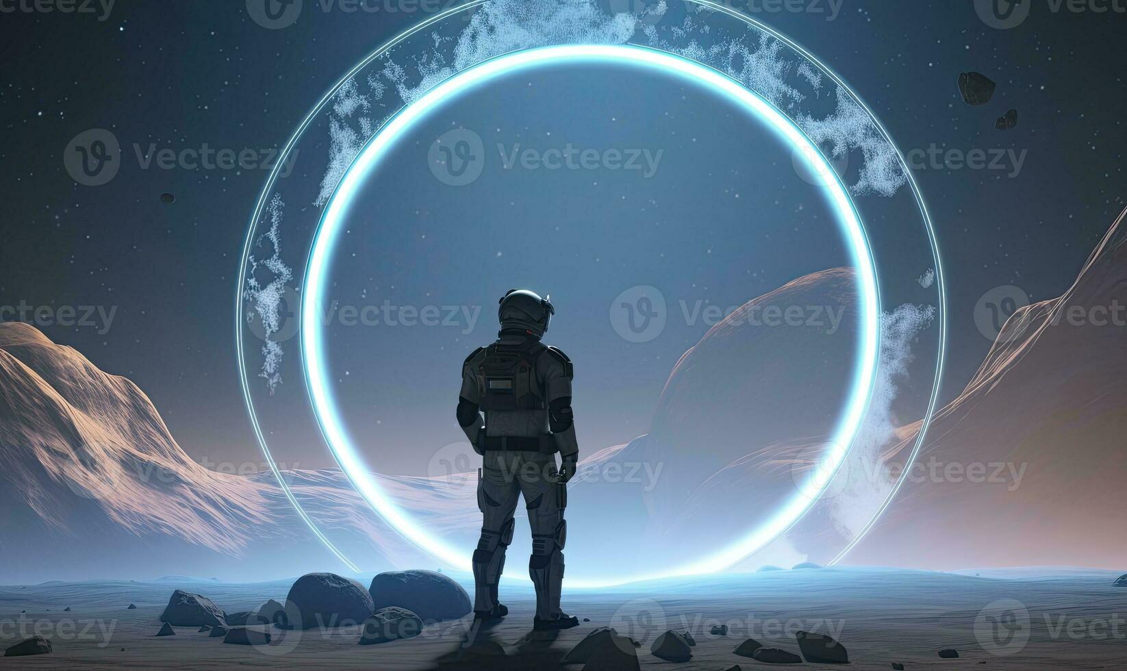 AI generated Astronaut in front of dimensional portal.  AI Generated. photo
